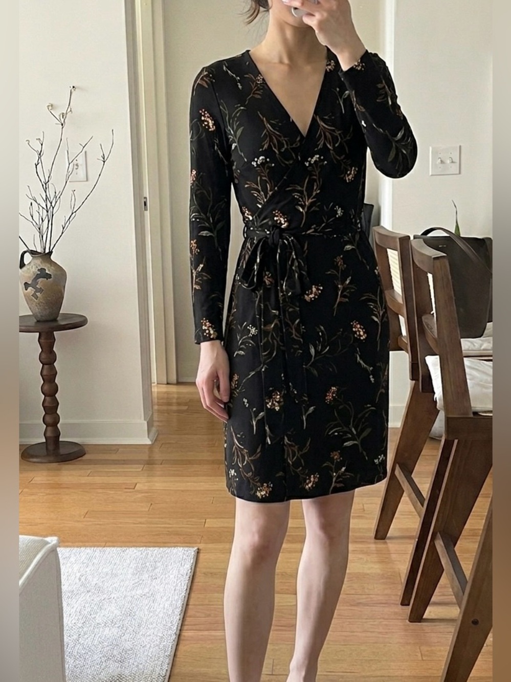Mango Black Floral Wrap Midi Dress